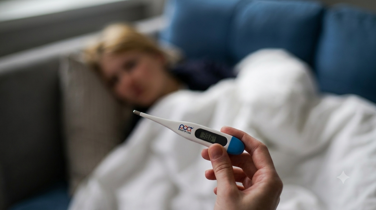 Digital thermometer for fever used on a child resting at home