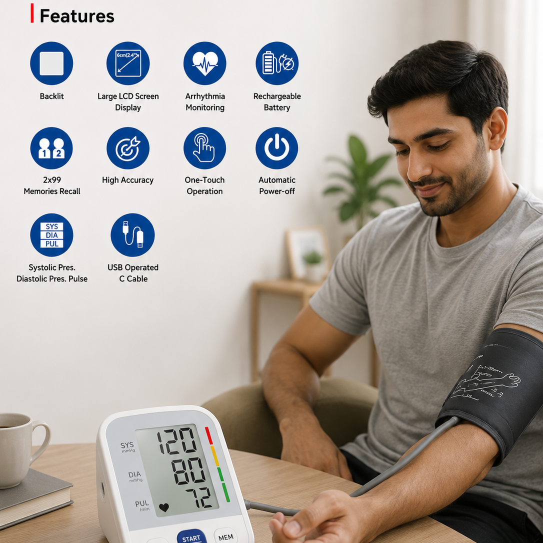 A man seated at a wooden table checks his blood pressure with a digital arm monitor. The monitor is white with a dark gray arm cuff, and the scene includes a features infographic with icons and text on the left side.