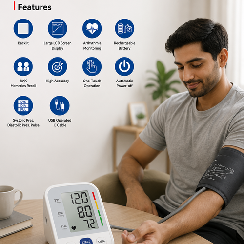 A man seated at a wooden table checks his blood pressure with a digital arm monitor. The monitor is white with a dark gray arm cuff, and the scene includes a features infographic with icons and text on the left side.