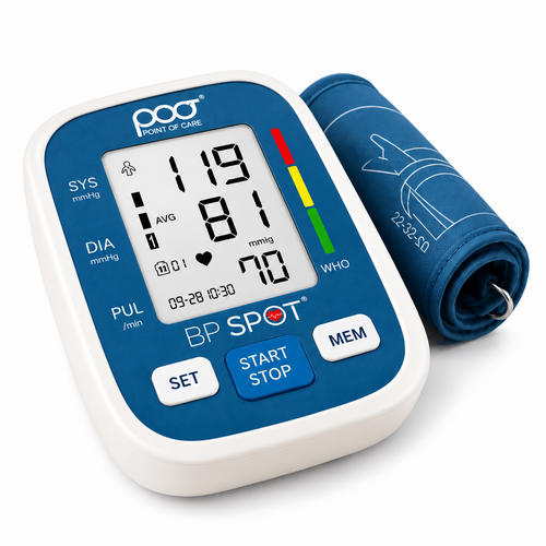 A digital blood pressure monitor with a blue and white console unit and a matching blue arm cuff, shown on a clean white background.