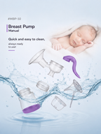 Breast pump manual cover featuring a sleeping baby wrapped in a white blanket, floating transparent breast pump flanges, and a purple pump bulb above a water splash graphic on a light blue background. Text reads '#MBP-10 Breast Pump Manual Quick and easy to clean, always ready to use!'.