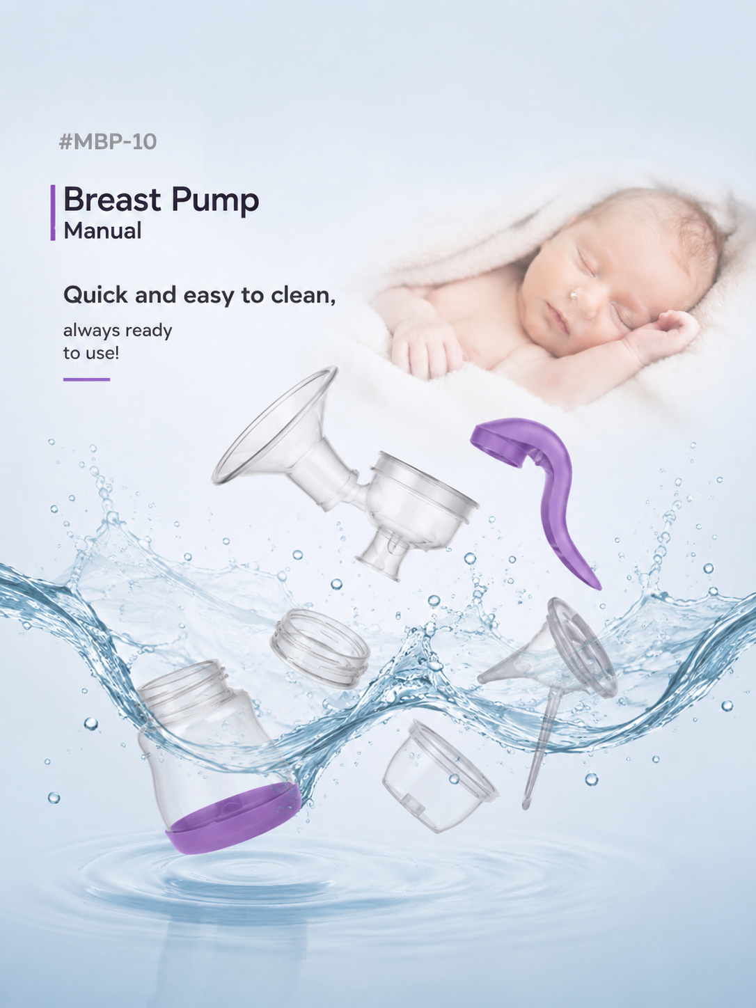 Breast pump manual cover featuring a sleeping baby wrapped in a white blanket, floating transparent breast pump flanges, and a purple pump bulb above a water splash graphic on a light blue background. Text reads '#MBP-10 Breast Pump Manual Quick and easy to clean, always ready to use!'.