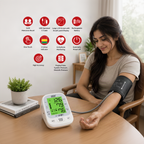 A woman seated at a table uses a digital blood pressure monitor with an arm cuff on her upper arm. The monitor sits on the table, and a large features infographic with red icons appears on the left side of the image.