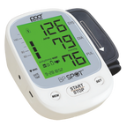 A Poct brand BP Spot digital upper arm blood pressure monitor with a white casing, gray cuff, and a bright green display screen showing readings.