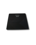 A sleek, black rectangular digital body scale with a glossy finish and a small white 'pod' logo in the center, shown on a plain white background.