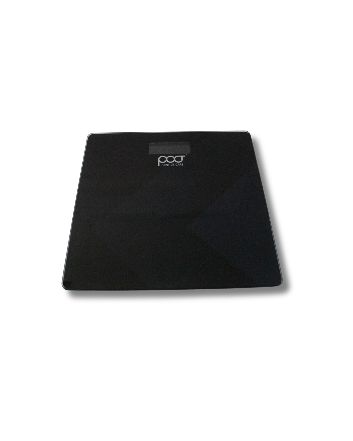 A sleek, black rectangular digital body scale with a glossy finish and a small white 'pod' logo in the center, shown on a plain white background.