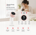 An electric breast pump with a soft silicone gel pad, shown alongside a close-up of its digital control screen. The background features a blurred lifestyle image of a woman breastfeeding, with text detailing the product's features and modes.