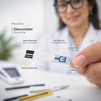 A close-up of a hand holding a glucometer test strip, with labeled callouts pointing to the carbon electrode, test strip port, reference electrode, sample area, and sample application area. A blurred person in a white coat is visible in the background.