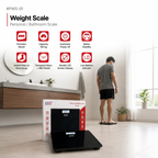 A POCT personal bathroom scale is shown in a bright modern bathroom with a man standing on it in the background. The foreground shows the black glass scale and its white retail box.