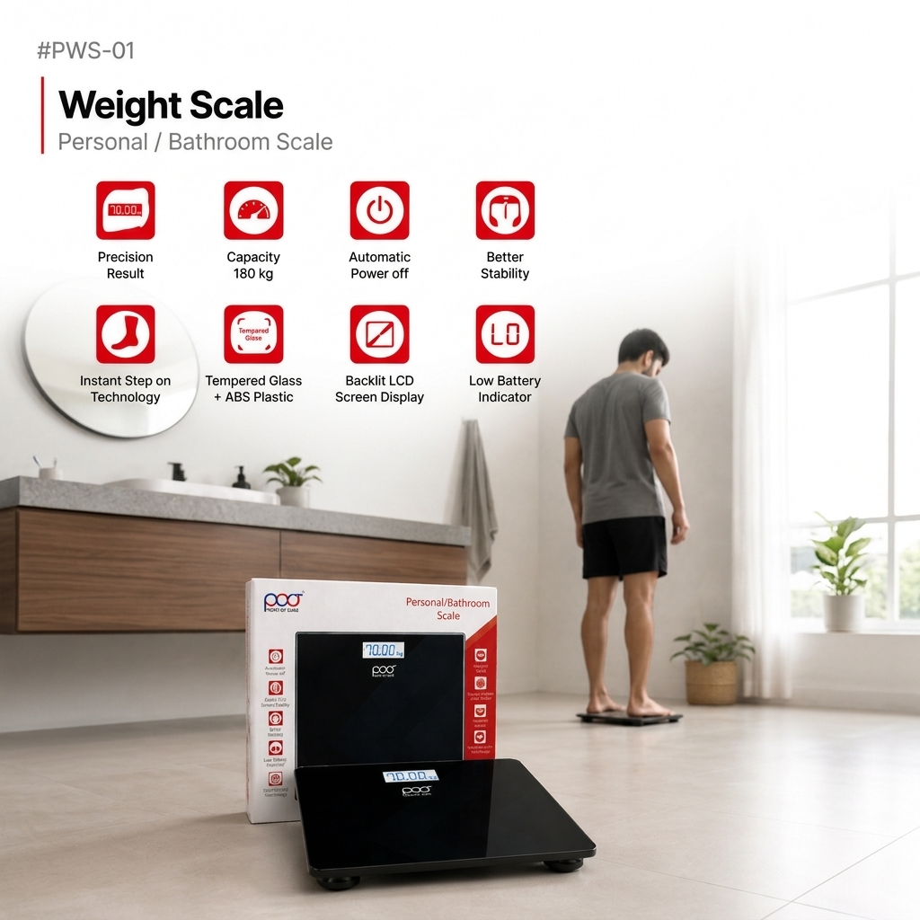 A POCT personal bathroom scale is shown in a bright modern bathroom with a man standing on it in the background. The foreground shows the black glass scale and its white retail box.