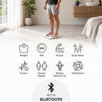A man stands on a white digital scale in a modern bathroom setting, with infographic icons below showing features such as weight, BMI, muscle, body water, protein, obesity degree, weight without fat, metabolism, and Bluetooth connectivity.