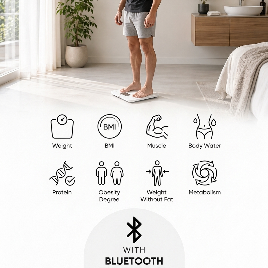 A man stands on a white digital scale in a modern bathroom setting, with infographic icons below showing features such as weight, BMI, muscle, body water, protein, obesity degree, weight without fat, metabolism, and Bluetooth connectivity.