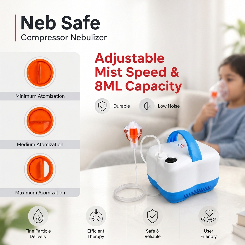 A portable nebulizer machine in white and blue shown on a table, with a child using it in the background. The image includes feature callouts such as adjustable mist speed, 8ML capacity, minimum/medium/maximum atomization, durable, and low noise.