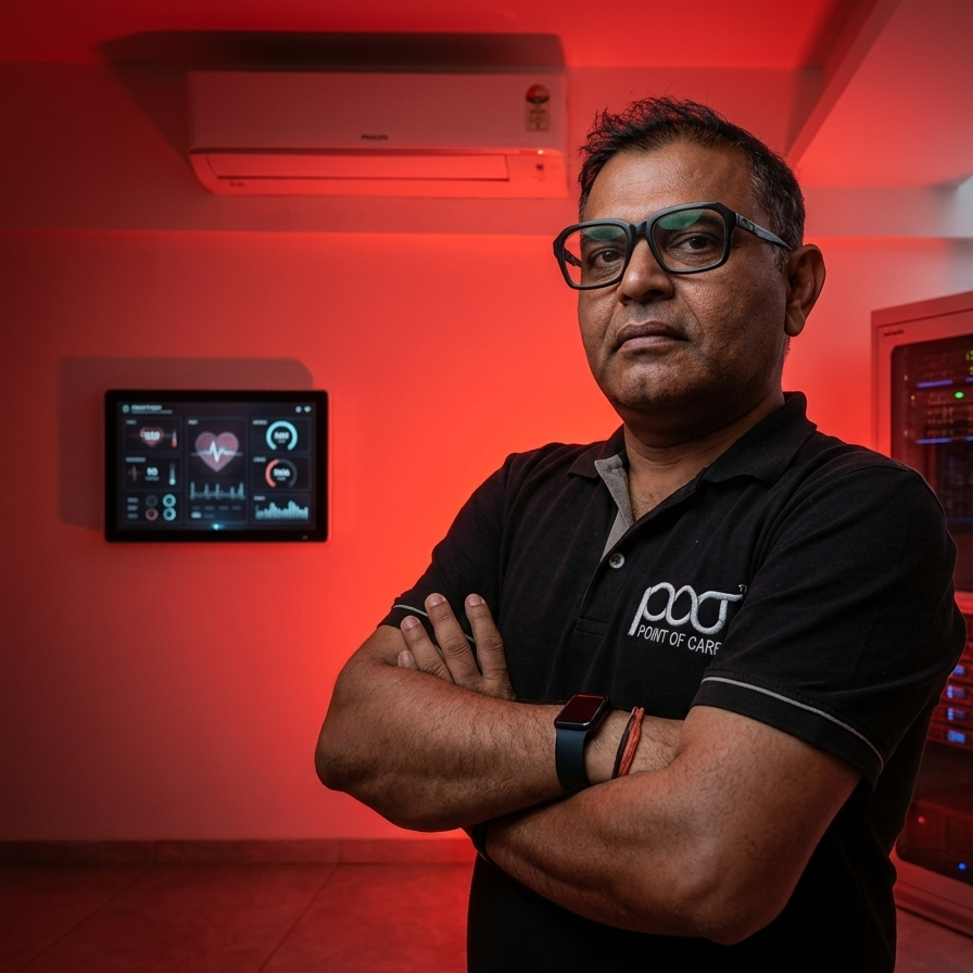 A man wearing glasses and a black polo shirt with a white 'pods' logo stands with arms crossed in a room illuminated by red ambient lighting. A medical monitoring screen and a server cabinet are visible in the background.