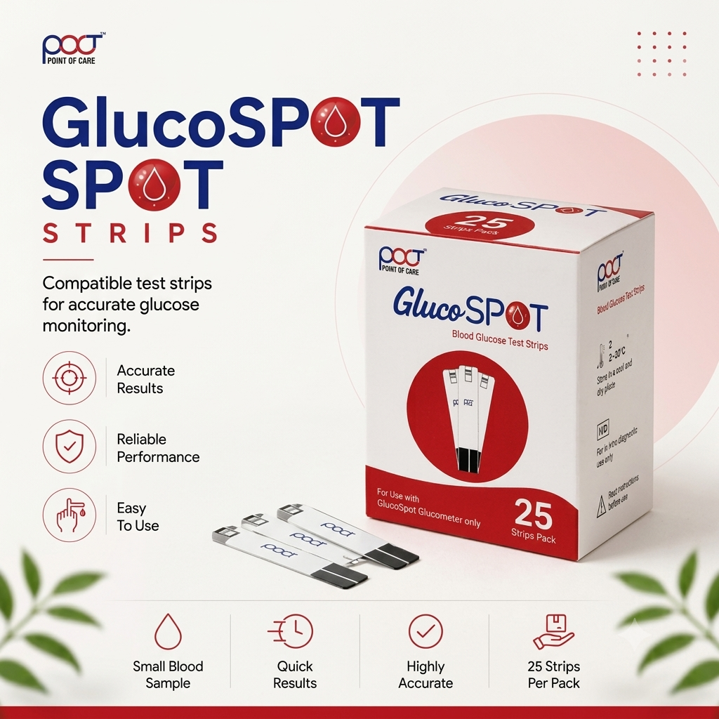 GlucoSpot blood glucose test strips by Point of Care shown with their retail box and two individual strips on a clean promotional background. The packaging is white with red and blue branding, and the image includes feature callouts such as accurate results, reliable performance, easy to use, small blood sample, quick results, highly accurate, and 25 strips per pack.