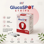 GlucoSpot blood glucose test strips by Point of Care shown with their retail box and two individual strips on a clean promotional background. The packaging is white with red and blue branding, and the image includes feature callouts such as accurate results, reliable performance, easy to use, small blood sample, quick results, highly accurate, and 100 strips per pack.