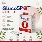 GlucoSpot blood glucose test strips by Point of Care shown with their retail box and two individual strips on a clean promotional background. The packaging is white with red and blue branding, and the image includes feature callouts such as accurate results, reliable performance, easy to use, small blood sample, quick results, highly accurate, and 50 strips per pack.