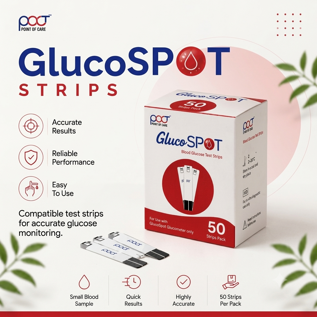 GlucoSpot blood glucose test strips by Point of Care shown with their retail box and two individual strips on a clean promotional background. The packaging is white with red and blue branding, and the image includes feature callouts such as accurate results, reliable performance, easy to use, small blood sample, quick results, highly accurate, and 50 strips per pack.