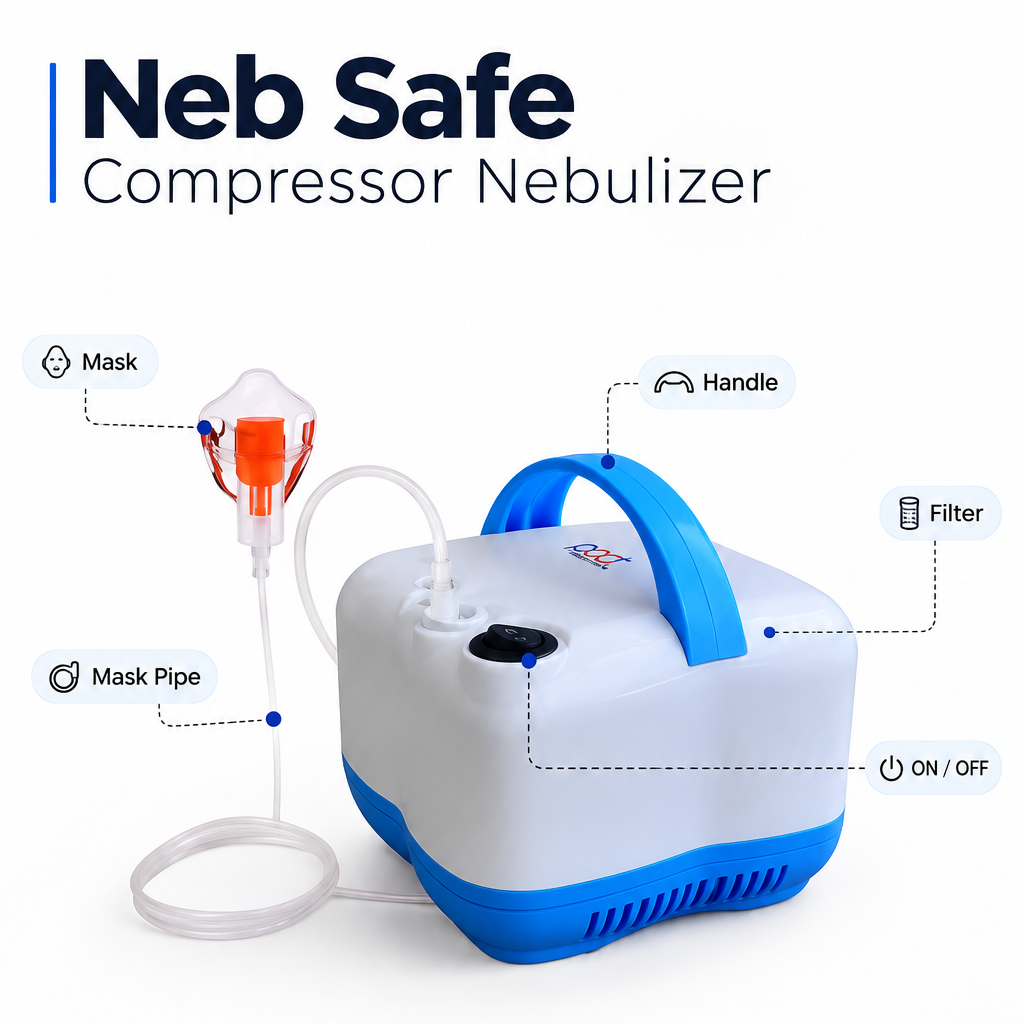 Neb Safe Compressor Nebulizer shown on a white background with callout labels pointing to the mask, mask pipe, handle, filter, and on/off switch. Four feature icons along the bottom read Safe & Reliable, Fine Mist Output, Low Noise, and Easy to Carry.