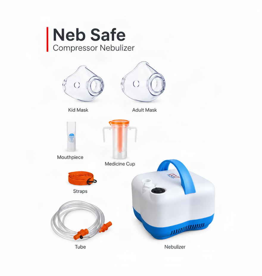 Neb Safe Compressor Nebulizer kit shown on a white background with labeled components: Kid Mask, Adult Mask, Mouthpiece, Medicine Cup, Straps, Tube, and the nebulizer machine. The nebulizer is white with blue accents, and the accessories include orange straps and tubing.