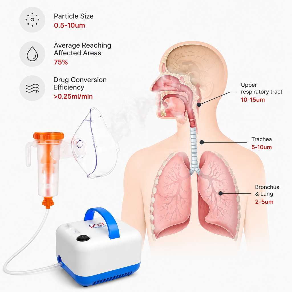 Neb Safe Compressor Nebulizer infographic showing a white and blue nebulizer machine, a face mask, and a human torso with respiratory system labels explaining particle size, reaching areas, and drug conversion efficiency.