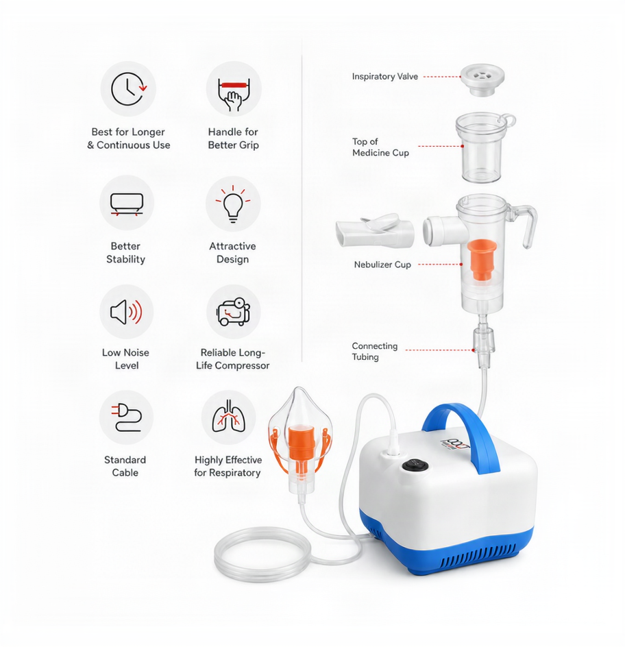 Neb Safe Compressor Nebulizer product infographic on a white background, showing the nebulizer machine, mask, tubing, and labeled parts such as inspiratory valve, top of medicine cup, nebulizer cup, and connecting tubing, with feature icons on the left.