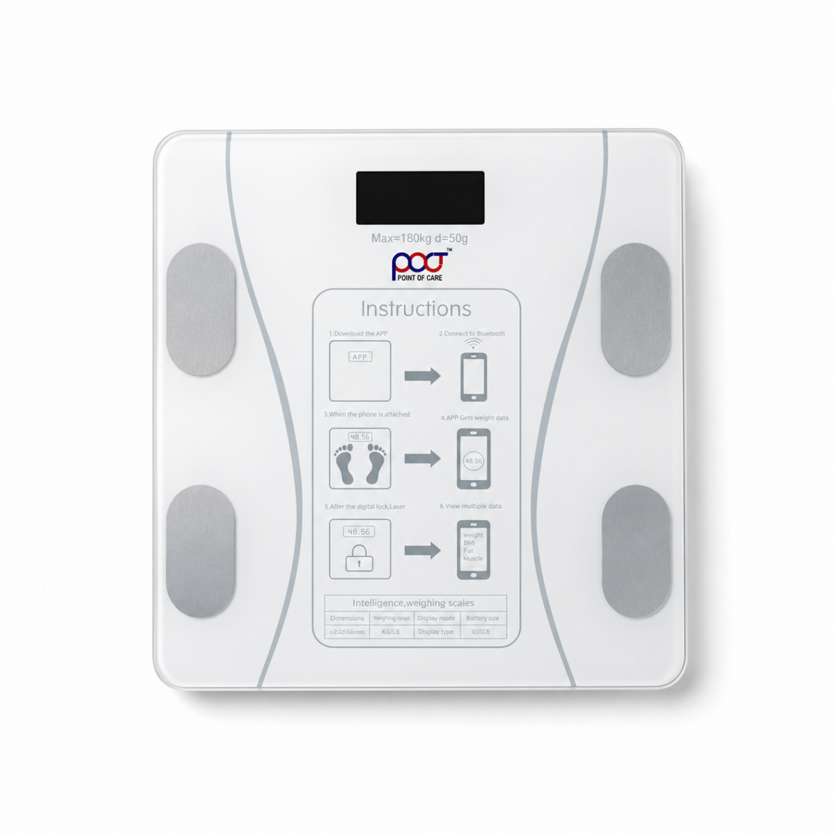 A white digital body fat analyzer scale with gray electrode pads and a small display screen, shown against a white background with black letterboxing above and below.