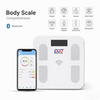 A white Bluetooth body scale with a digital display screen, shown next to a smartphone displaying a companion app. The image includes feature icons and the text 'Body Scale Comprehensive' and 'Bluetooth' on a white background with black letterboxing bars at the top and bottom.