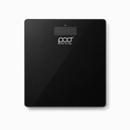 A sleek black digital body scale with a glossy finish and a small white display screen, shown against a plain white background.