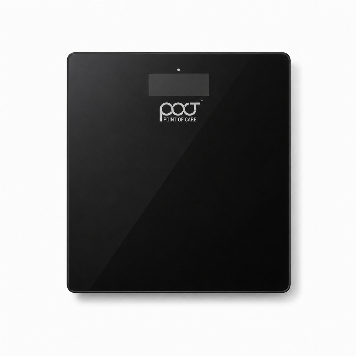 A sleek black digital body scale with a glossy finish and a small white display screen, shown against a plain white background.