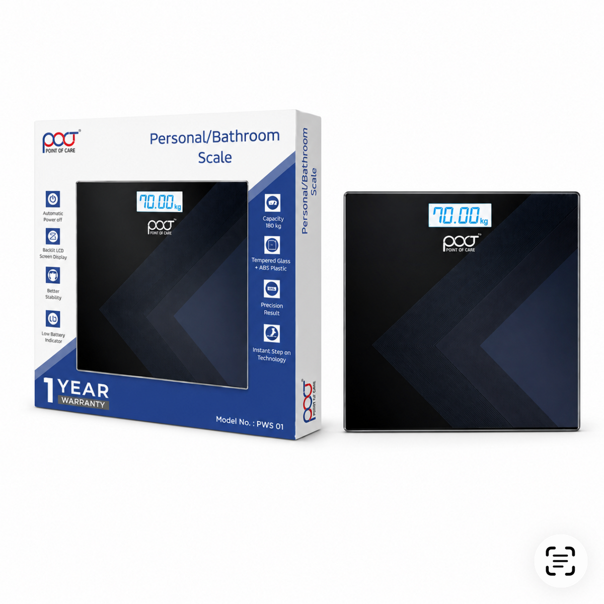 A digital personal bathroom scale shown next to its retail packaging box. The scale has a black body with a blue geometric pattern and a small digital display showing '20.