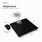 Black digital bathroom scale with dimensions, a small inset showing the LCD display, and a circular detail of the glass slide, labeled as a weight scale on a white background.