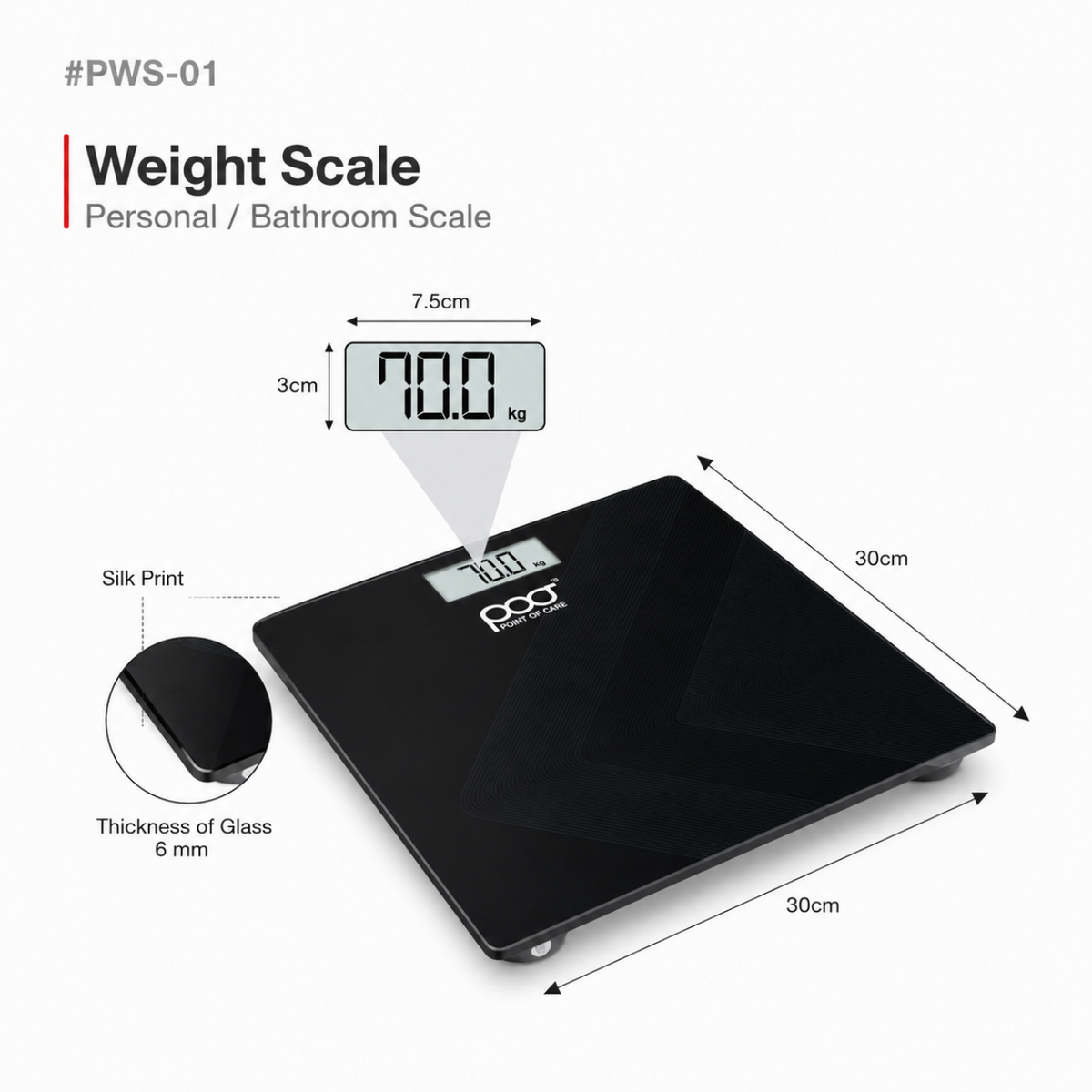 Black digital bathroom scale with dimensions, a small inset showing the LCD display, and a circular detail of the glass slide, labeled as a weight scale on a white background.
