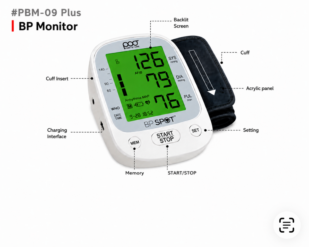 A digital wrist blood pressure monitor labeled PBM-09 Plus, shown on a white background with callout labels pointing to parts such as the cuff, arm sensor, charging connector, and settings. The monitor has a white body, a black cuff, and a green display screen.
