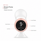 Instruction diagram for an electric breast pump, showing a white and rose gold breast pump with callout lines labeling the display, mode button, level display, level down, and level up.