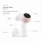 A breast pump bottle and pump head shown on a white background with callout labels and text reading 'Breast Pump Electric' and 'BPA Free 100% Food Grade Silicone.' No person, animal, or real environment is present, so this is Product/Packaging rather than Lifestyle.