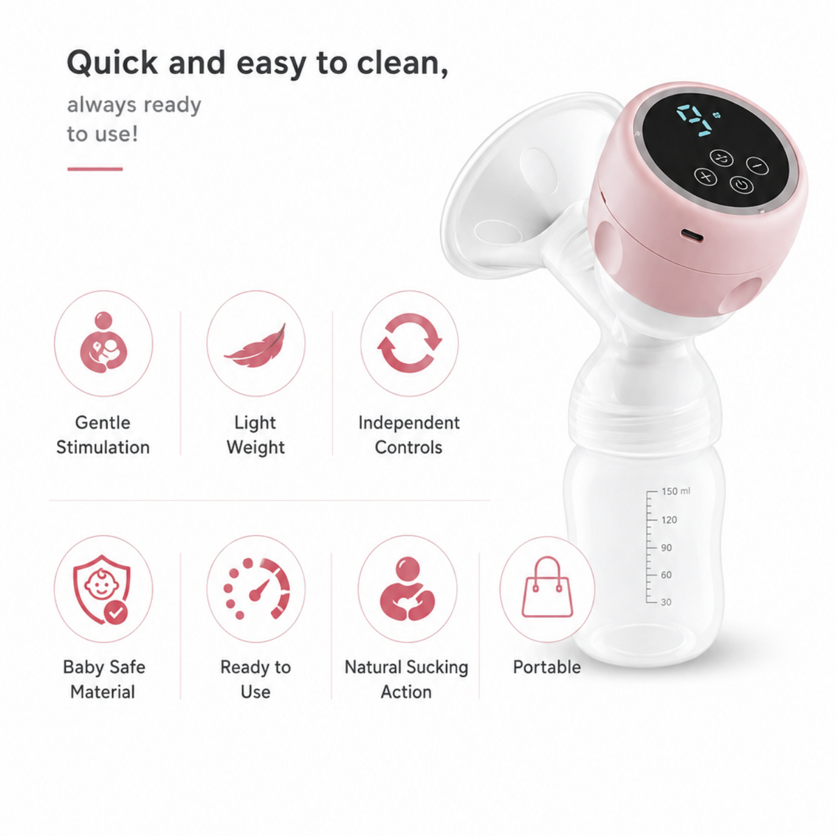 A promotional graphic for the EBP-10(A) Breast Pump Electric, showing a white and light pink electric breast pump with a digital display screen on a white background with feature icons.
