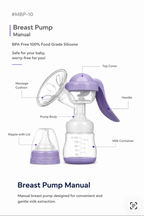 A breast pump manual page showing a labeled diagram of the breast pump components, including massage cushion, flange, pump body, handle, top cover, and milk container, with text on a white background.