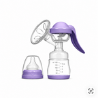 A breast pump set with a clear breast flange, clear bottle, and purple silicone components, shown on a white background with black letterboxing bars.