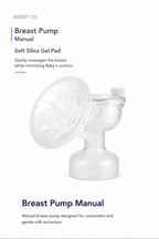 A clear silicone breast pump gel pad with a matching clear pump cup and base, shown on a white background with text reading 'Breast Pump Manual' and 'Soft Silica Gel Pad'.