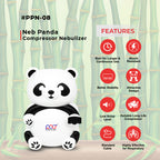 Neb Panda compressor nebulizer with features listed on a bamboo background