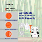 Nebula compressor nebulizer with panda design and adjustable mist speed features on a bamboo background.