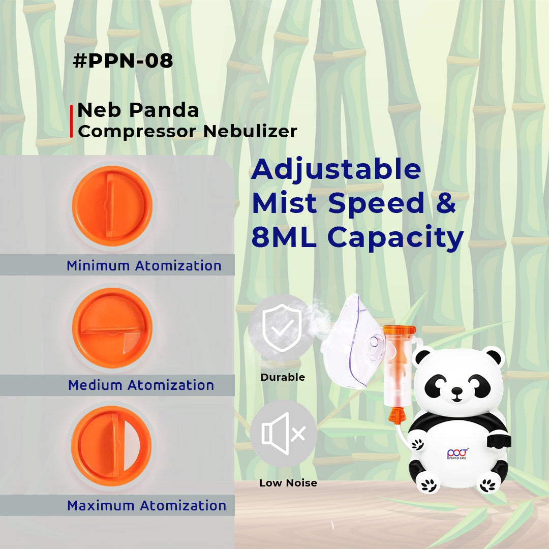 Nebula compressor nebulizer with panda design and adjustable mist speed features on a bamboo background.