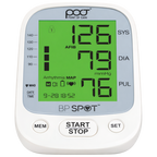 Point of Care BP SPOT digital blood pressure monitor with a white casing, gray faceplate, and a bright green display screen showing readings.