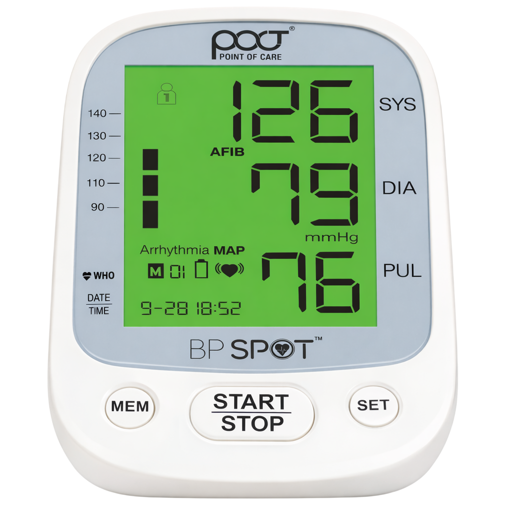 Point of Care BP SPOT digital blood pressure monitor with a white casing, gray faceplate, and a bright green display screen showing readings.