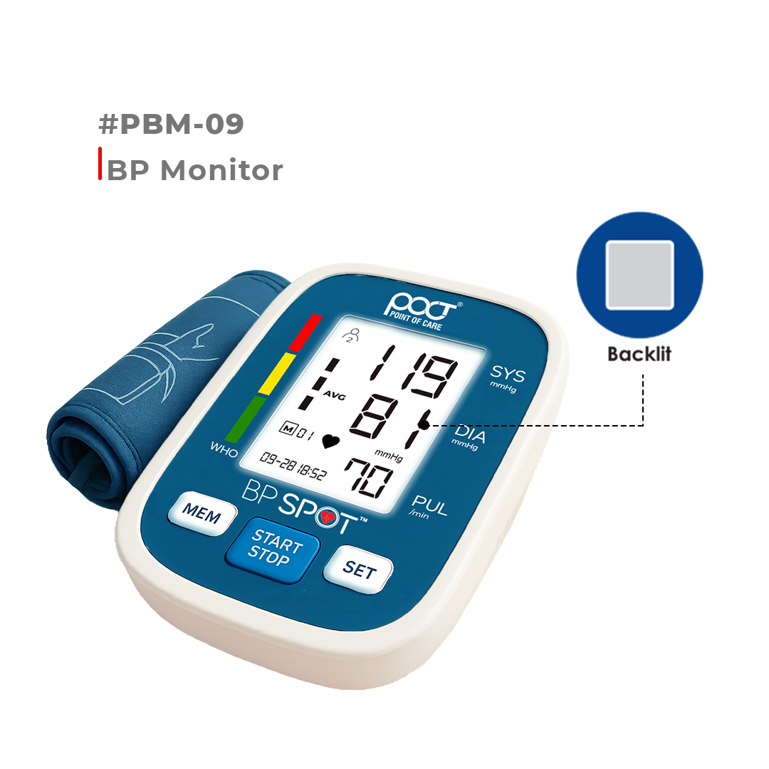 Blood pressure monitor with digital display on a white background