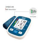 Blood pressure monitor with blue arm cuff and digital display on a white background