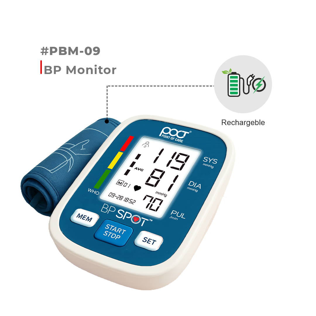 Blood pressure monitor with blue arm cuff and digital display on a white background