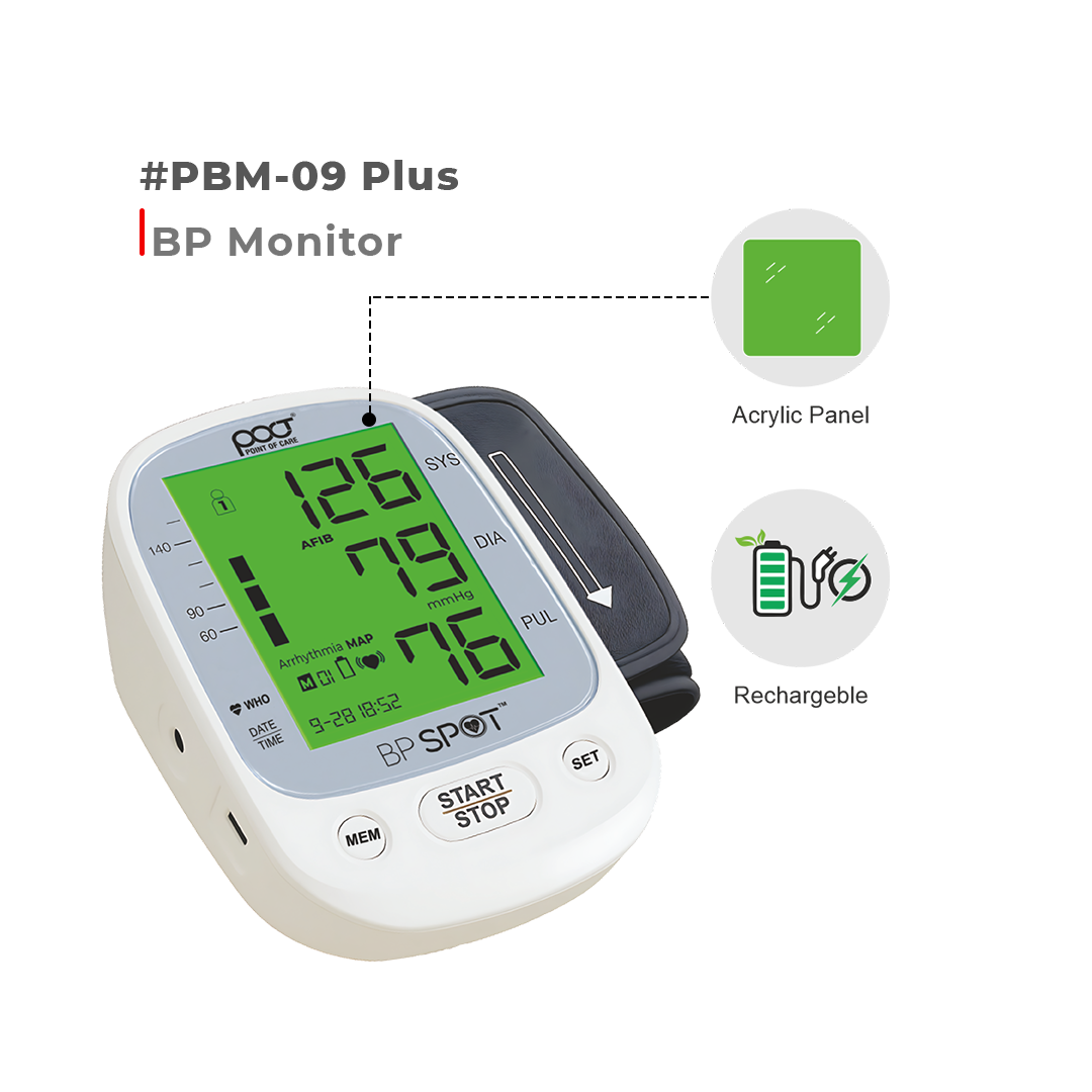 BP monitor with digital display on a white background